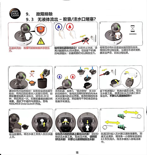 这是一页包含图解和警告标志的使用说明，涉及设备的排水和配件连接方法。 (由 AI 生成标题)